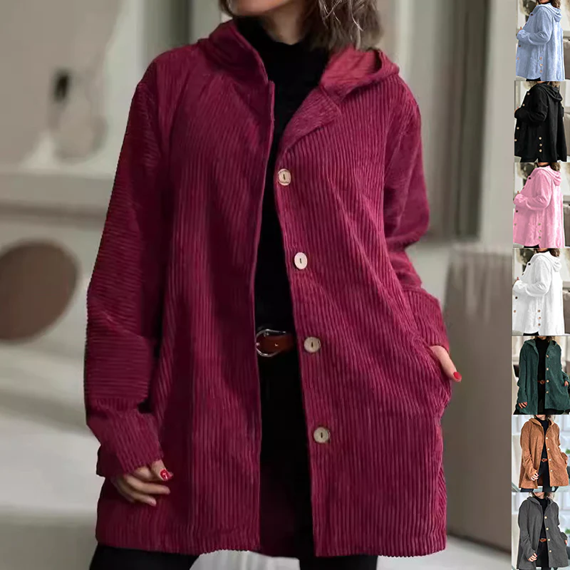 Veste Femme Élégante en Velours Côtelé à Capuche – Pull Boutonné Mi-Long Décontracté