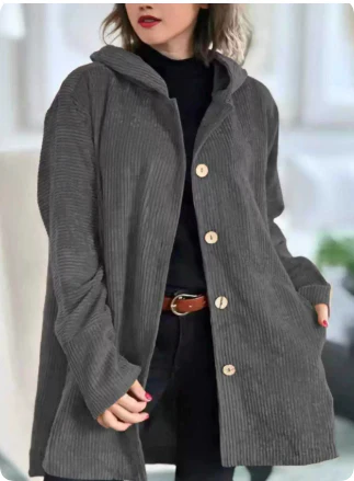 Veste Femme Élégante en Velours Côtelé à Capuche – Pull Boutonné Mi-Long Décontracté - Image 10