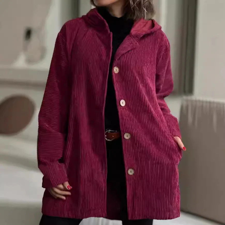 Veste Femme Élégante en Velours Côtelé à Capuche – Pull Boutonné Mi-Long Décontracté - Image 11