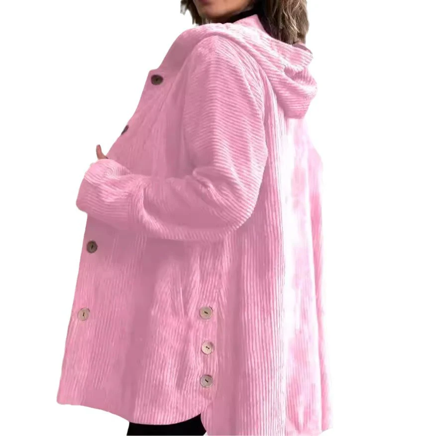 Veste Femme Élégante en Velours Côtelé à Capuche – Pull Boutonné Mi-Long Décontracté - Image 12