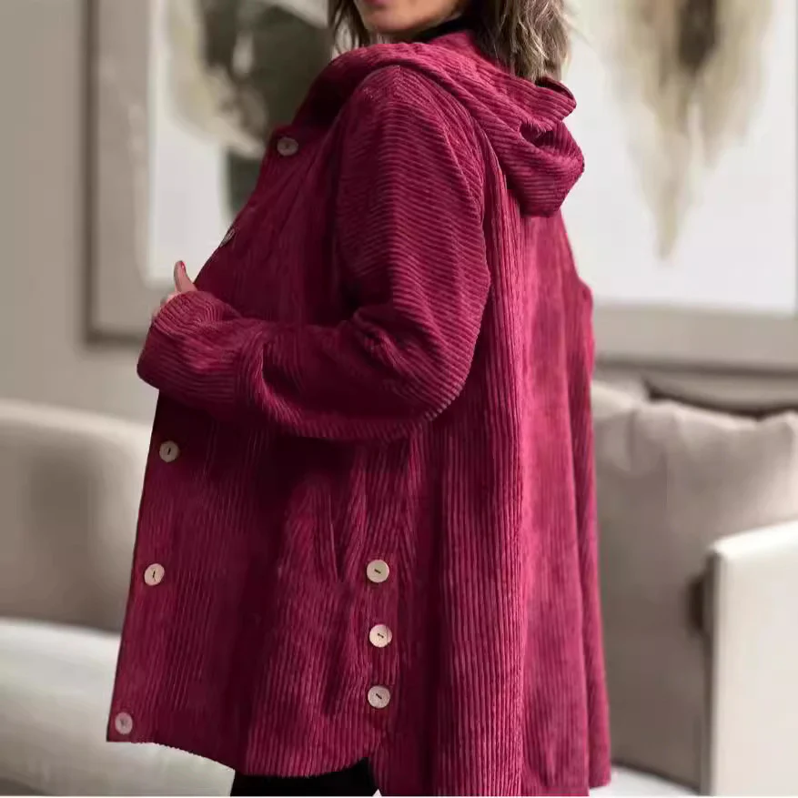 Veste Femme Élégante en Velours Côtelé à Capuche – Pull Boutonné Mi-Long Décontracté - Image 2