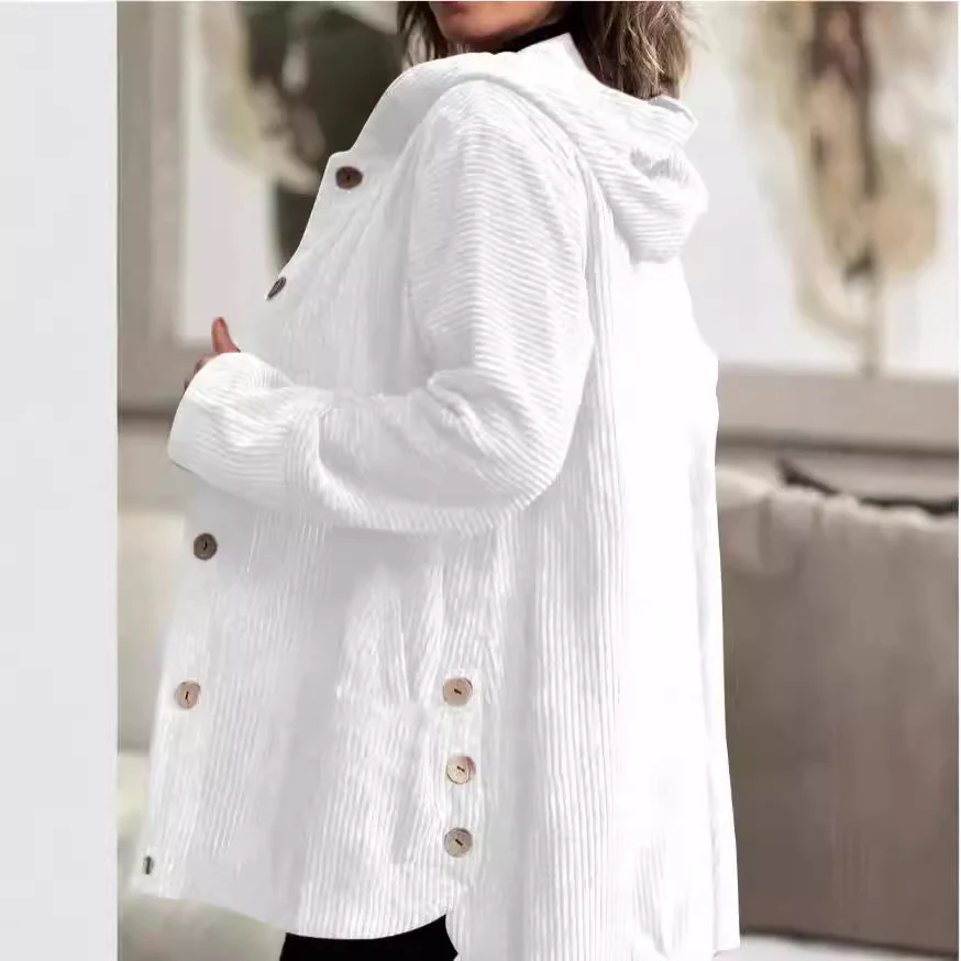 Veste Femme Élégante en Velours Côtelé à Capuche – Pull Boutonné Mi-Long Décontracté - Image 3