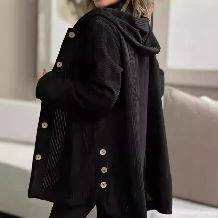 Veste Femme Élégante en Velours Côtelé à Capuche – Pull Boutonné Mi-Long Décontracté - Image 4