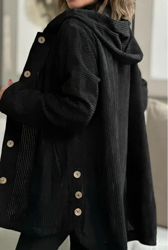 Veste Femme Élégante en Velours Côtelé à Capuche – Pull Boutonné Mi-Long Décontracté - Image 5