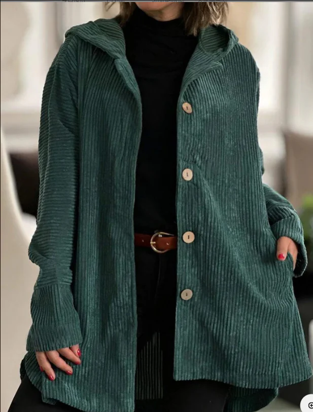 Veste Femme Élégante en Velours Côtelé à Capuche – Pull Boutonné Mi-Long Décontracté - Image 8