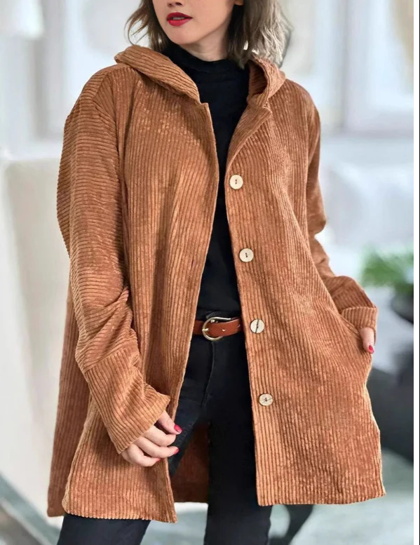 Veste Femme Élégante en Velours Côtelé à Capuche – Pull Boutonné Mi-Long Décontracté - Image 9