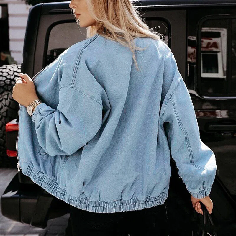 Veste Femme Moderne en Jean Bleu – Veste Trucker à Fermeture Éclair - Image 2