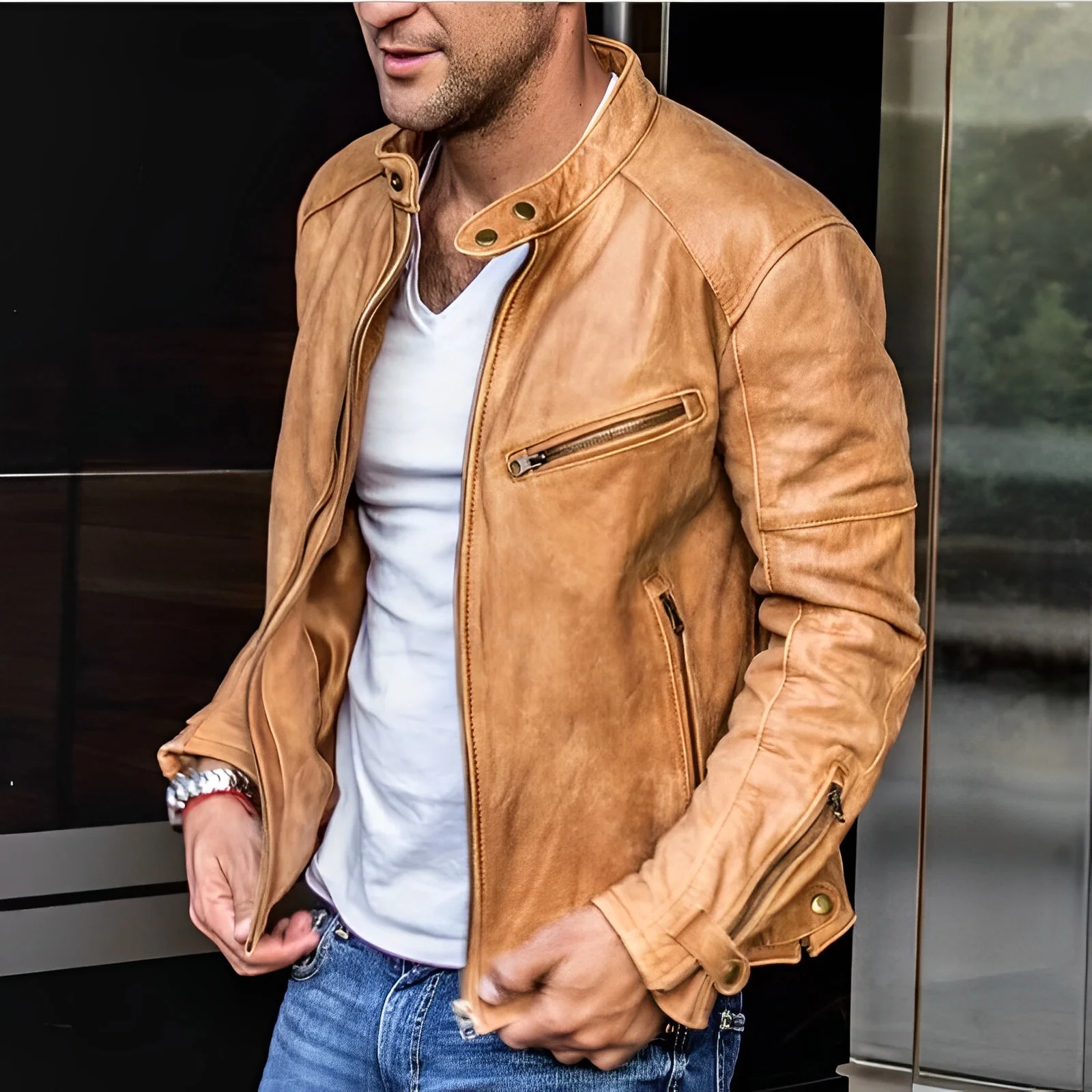 Veste Homme Élégante à Fermeture Éclair en Cuir Toutes Saisons – Style Durable - Image 3
