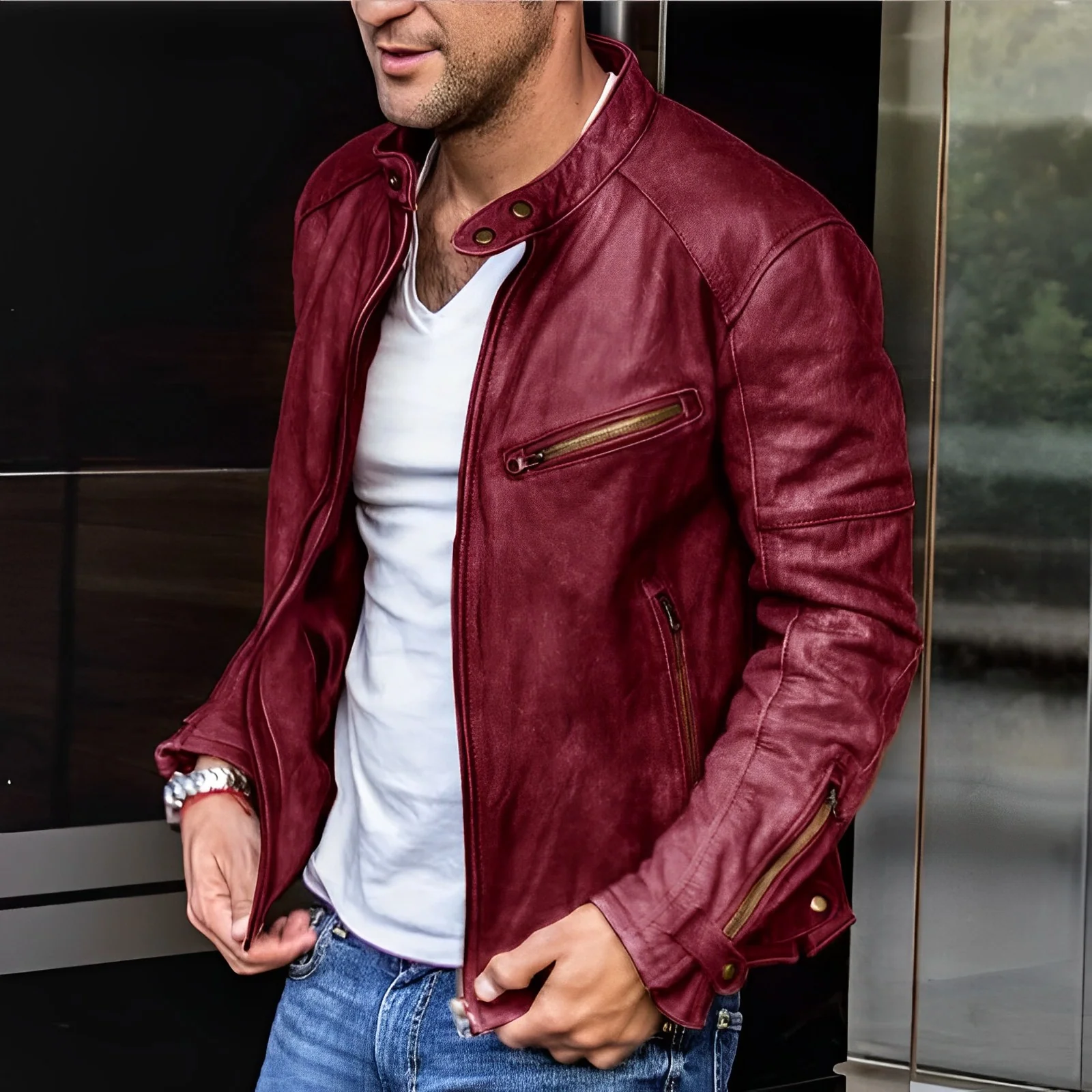 Veste Homme Élégante à Fermeture Éclair en Cuir Toutes Saisons – Style Durable - Image 4