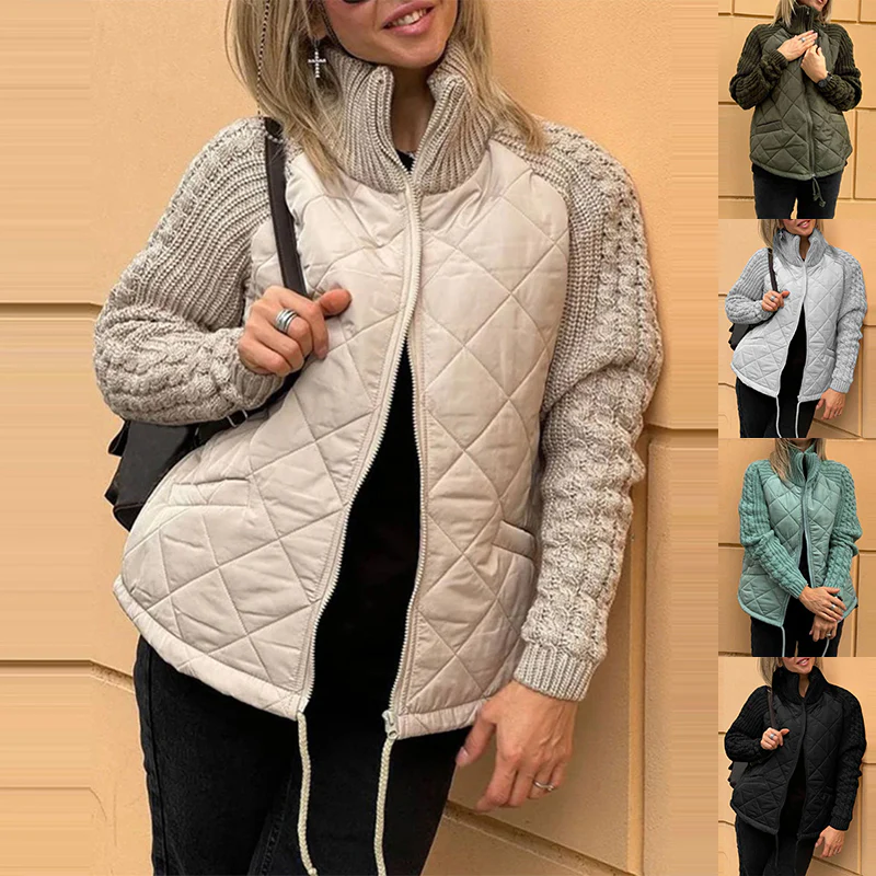 Veste matelassée pour femmes Col montant – Doudoune chaude zippée à maille