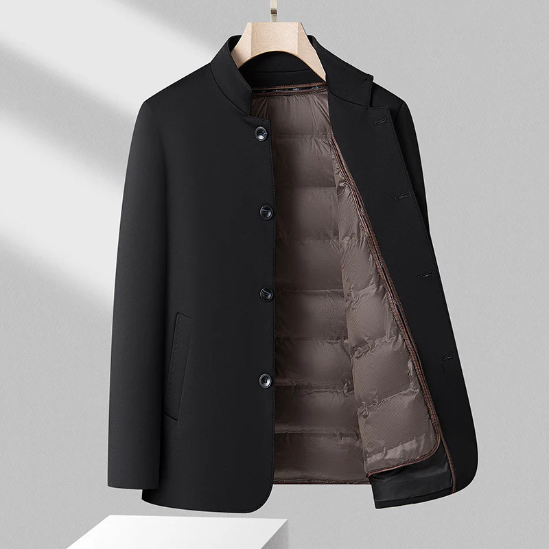 Veste mi-longue pour homme en laine mélangée – Manteau noir haut de gamme doublé de duvet amovible - Image 4