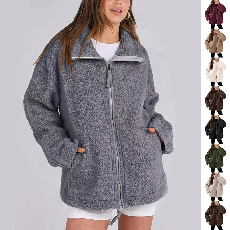 Veste polaire à col à revers pour femmes – Outwear décontracté uni avec poches