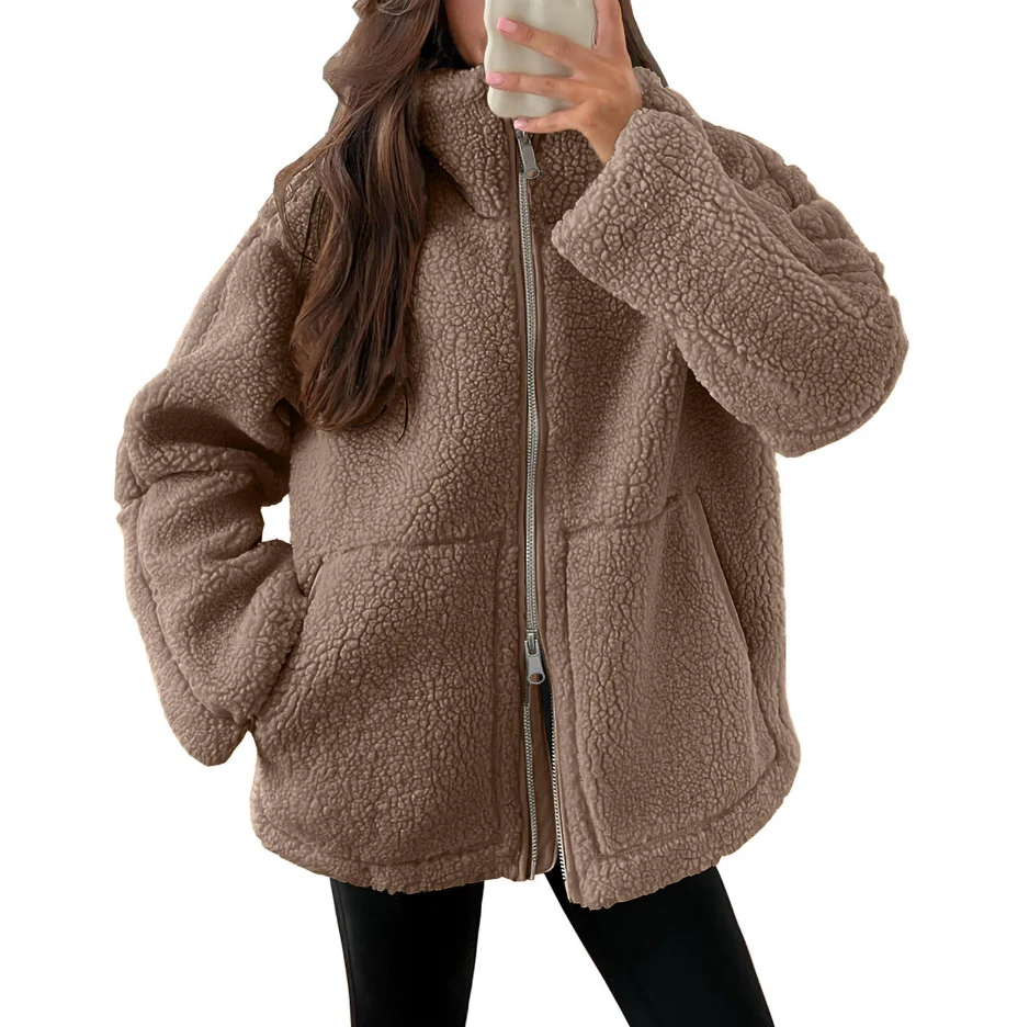 Veste polaire à col à revers pour femmes – Outwear décontracté uni avec poches - Image 12