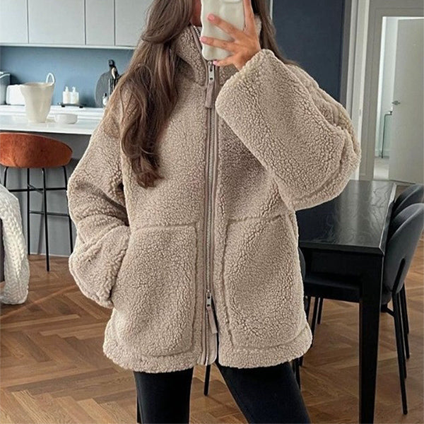 Veste polaire à col à revers pour femmes – Outwear décontracté uni avec poches - Image 2