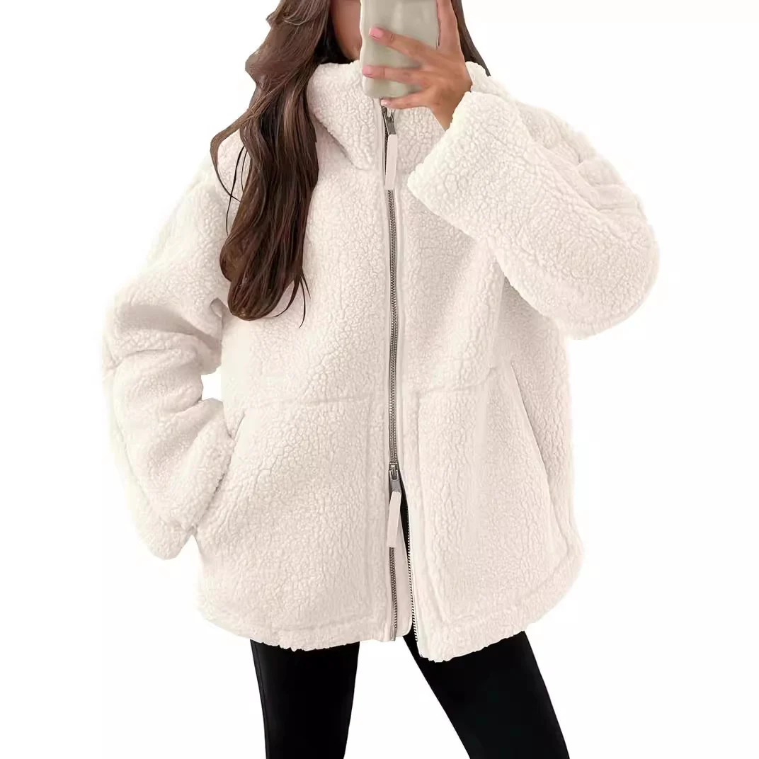 Veste polaire à col à revers pour femmes – Outwear décontracté uni avec poches - Image 3