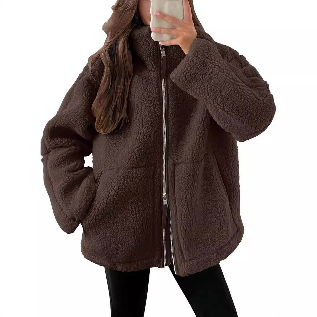 Veste polaire à col à revers pour femmes – Outwear décontracté uni avec poches - Image 4