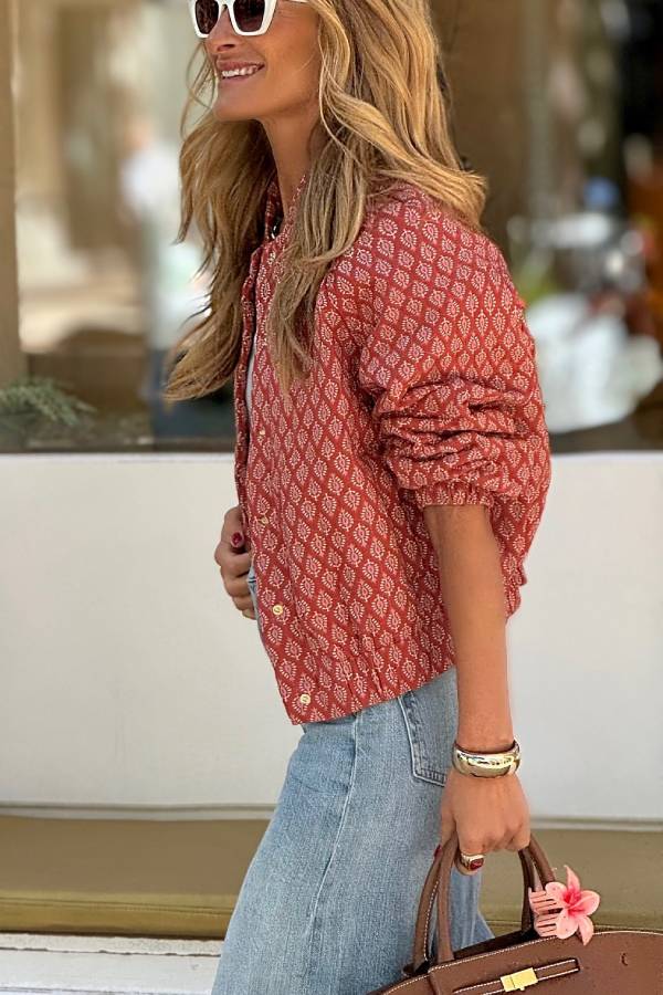 Veste Rouge Vintage Imprimée Femme – Style Décontracté Léger à Boutons - Image 2