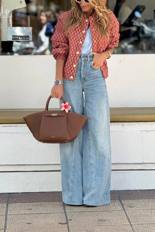 Veste Rouge Vintage Imprimée Femme – Style Décontracté Léger à Boutons - Image 4