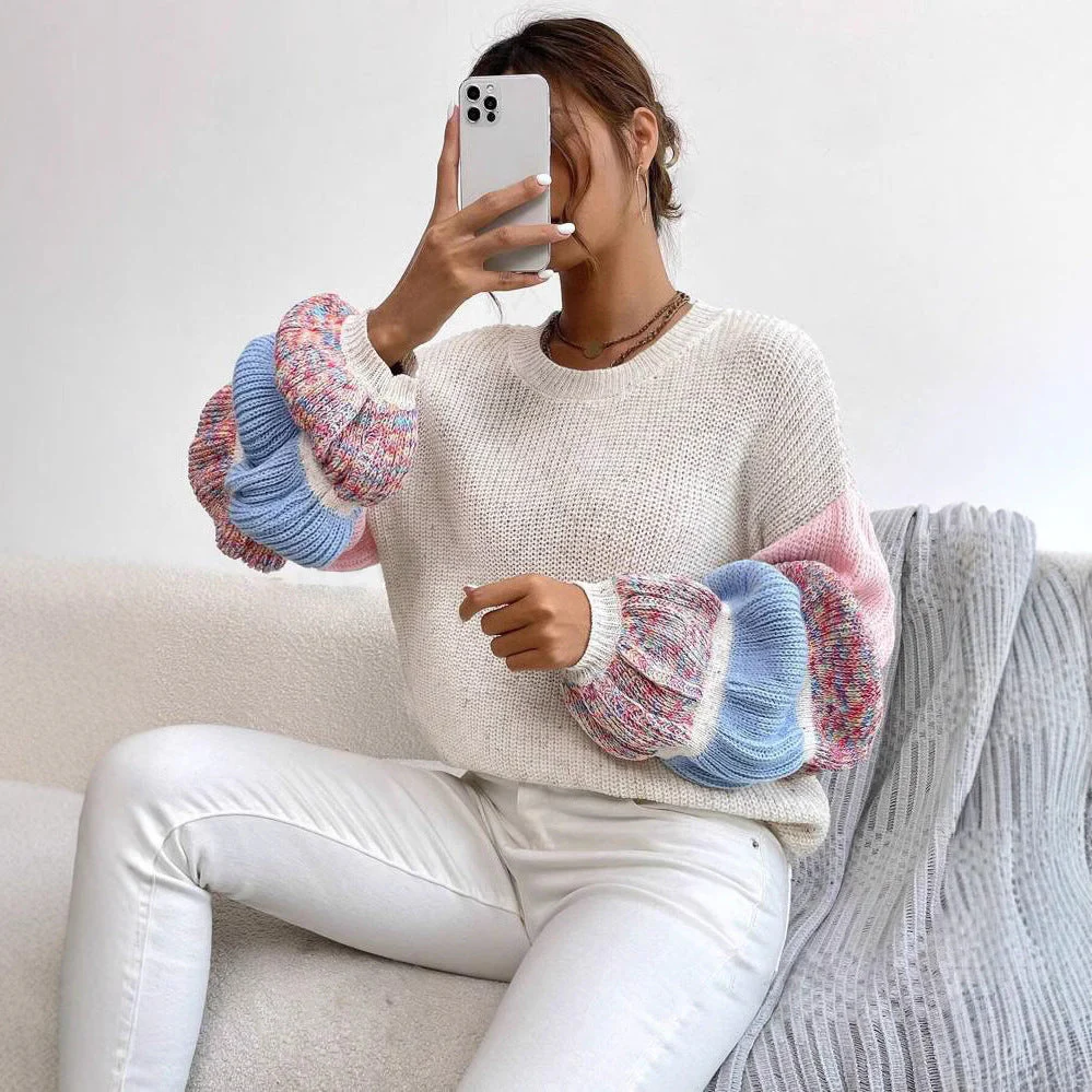 Pull Femme Multicolore – Coupe Large avec Manches Bouffantes Crème et Rose