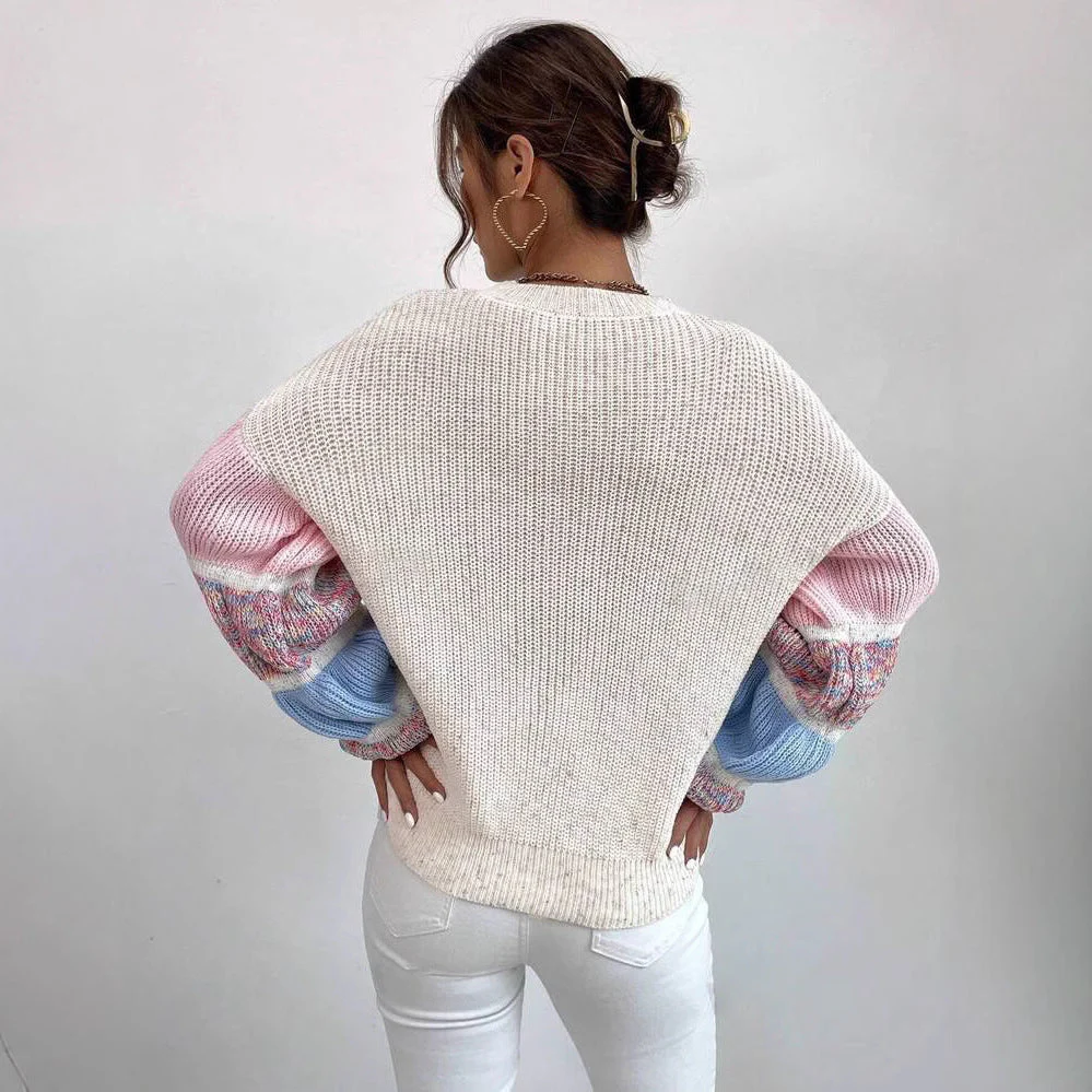 Pull Femme Multicolore – Coupe Large avec Manches Bouffantes Crème et Rose - Image 2