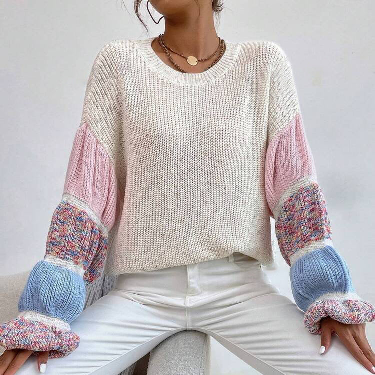 Pull Femme Multicolore – Coupe Large avec Manches Bouffantes Crème et Rose - Image 3