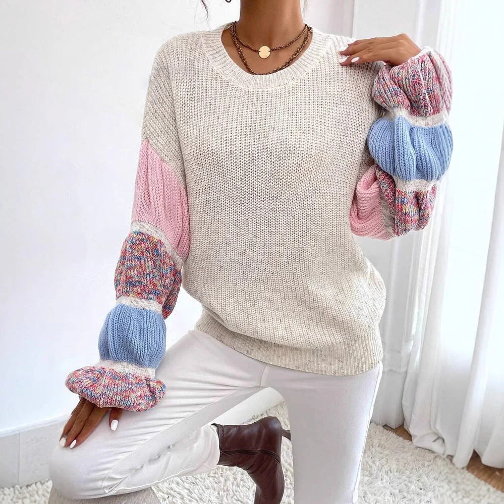 Pull Femme Multicolore – Coupe Large avec Manches Bouffantes Crème et Rose - Image 4